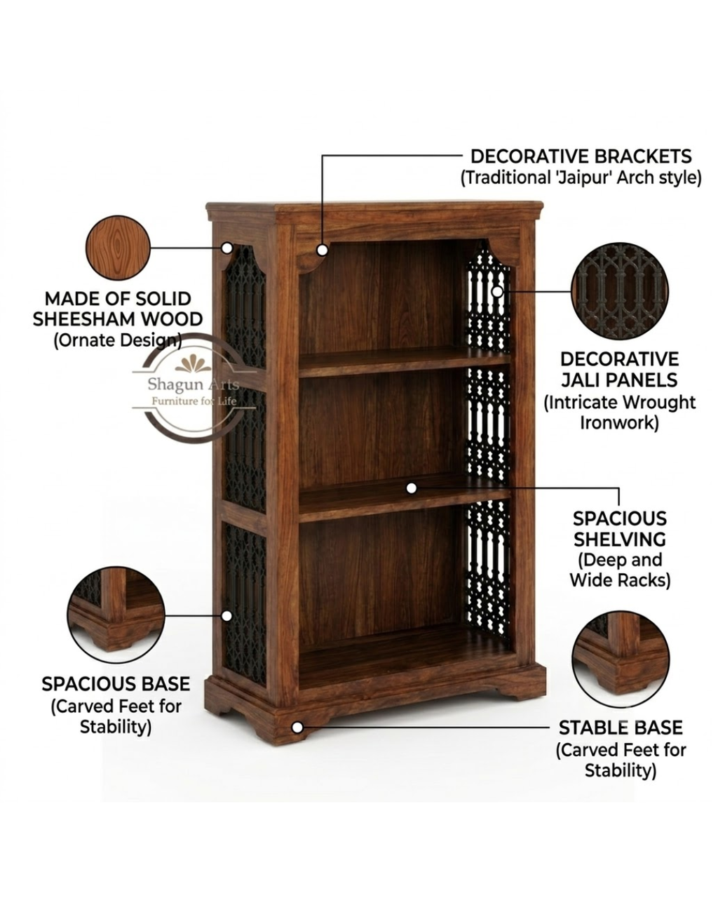 Stigen Solid Sheesham Wood Bookshelf with Decorative Jali Side Panels In Honey Oak Finish