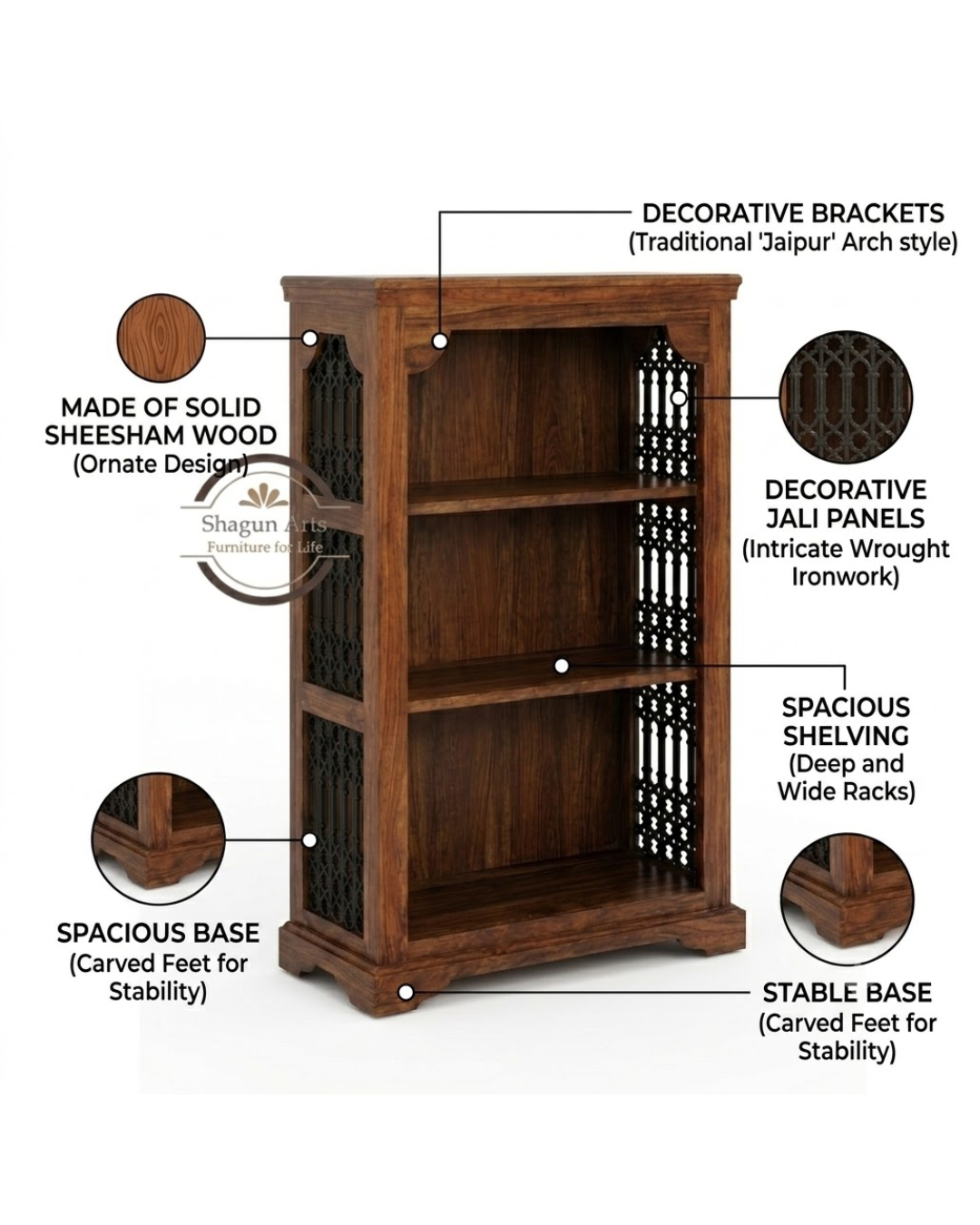 Stigen Solid Sheesham Wood Bookshelf with Decorative Jali Side Panels In Honey Oak Finish