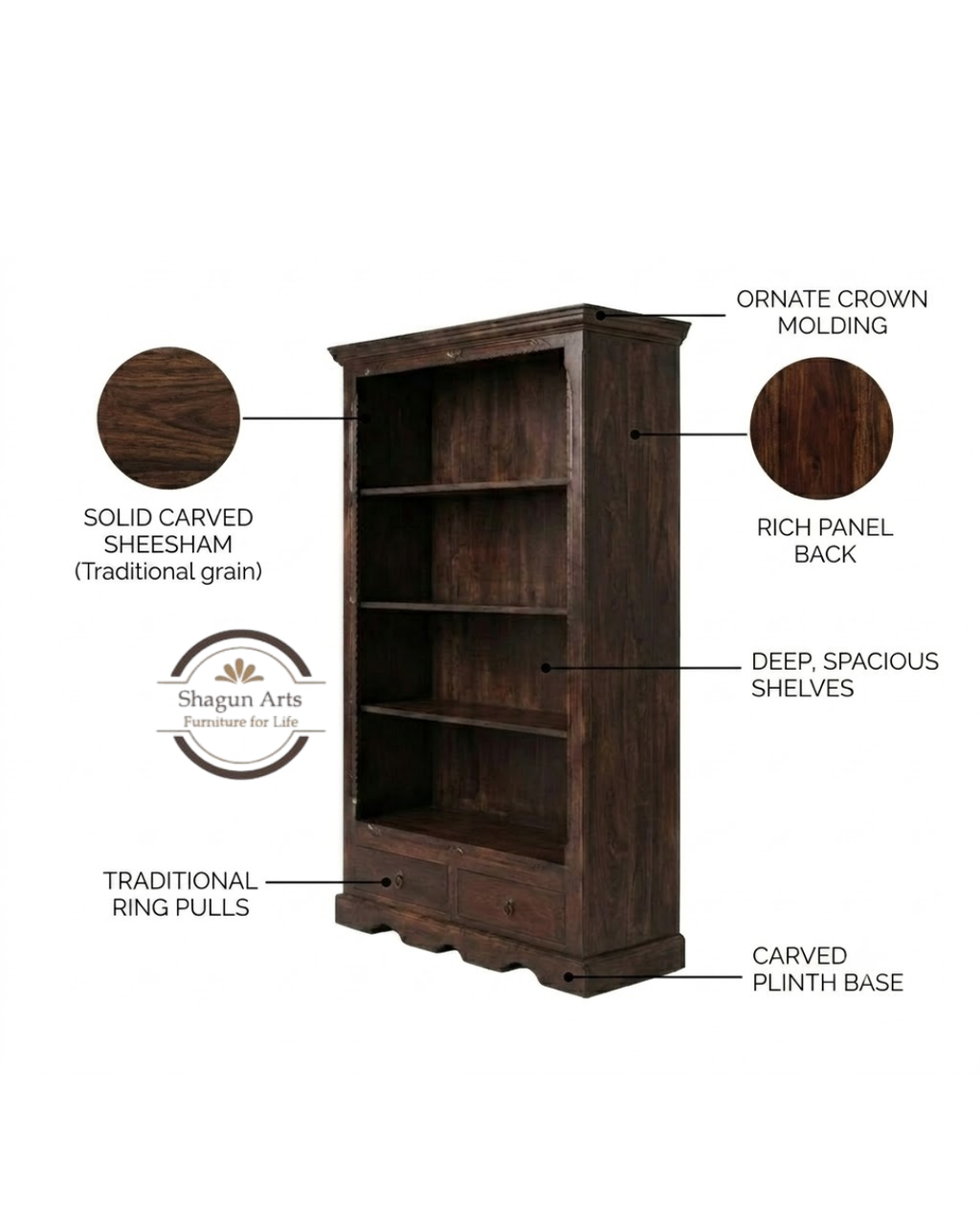 Bartolo Solid Sheesham Wood Bookshelf with two Drawer in Honey Oak Finish