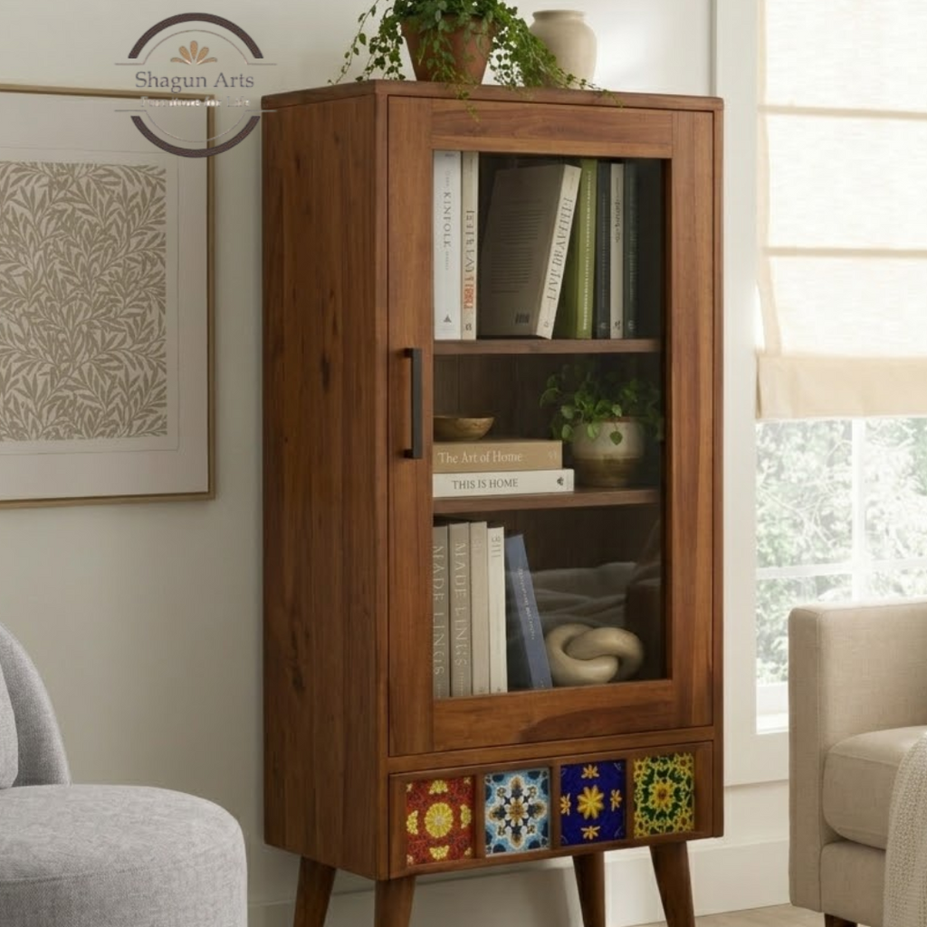 Ansel Solid Sheesham Wood Display Cabinet with Solidd Decorative Tile