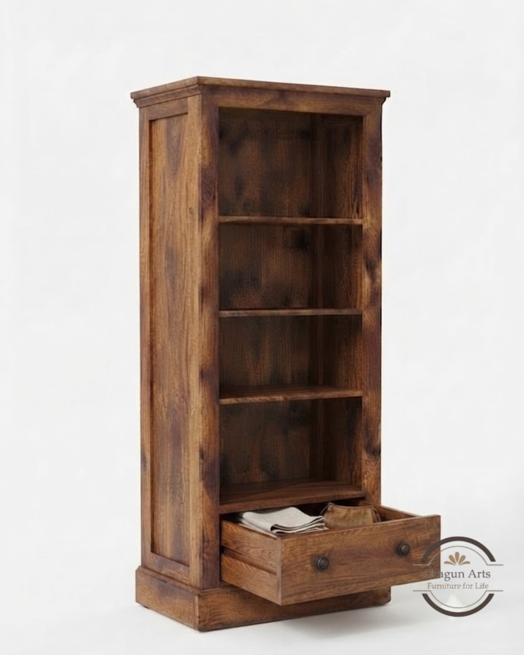 Segur Solid Sheesham Wood Bookshelf with Drawers In Natural Brown Finish
