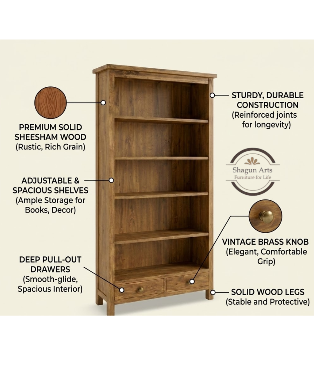 Avalon Solid Sheesham Wood Bookshelf In Natural Brown Finish