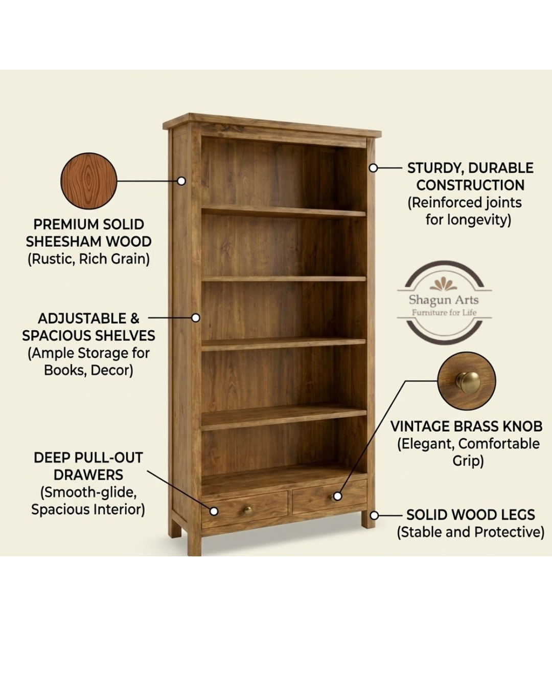 Avalon Solid Sheesham Wood Bookshelf In Natural Brown Finish