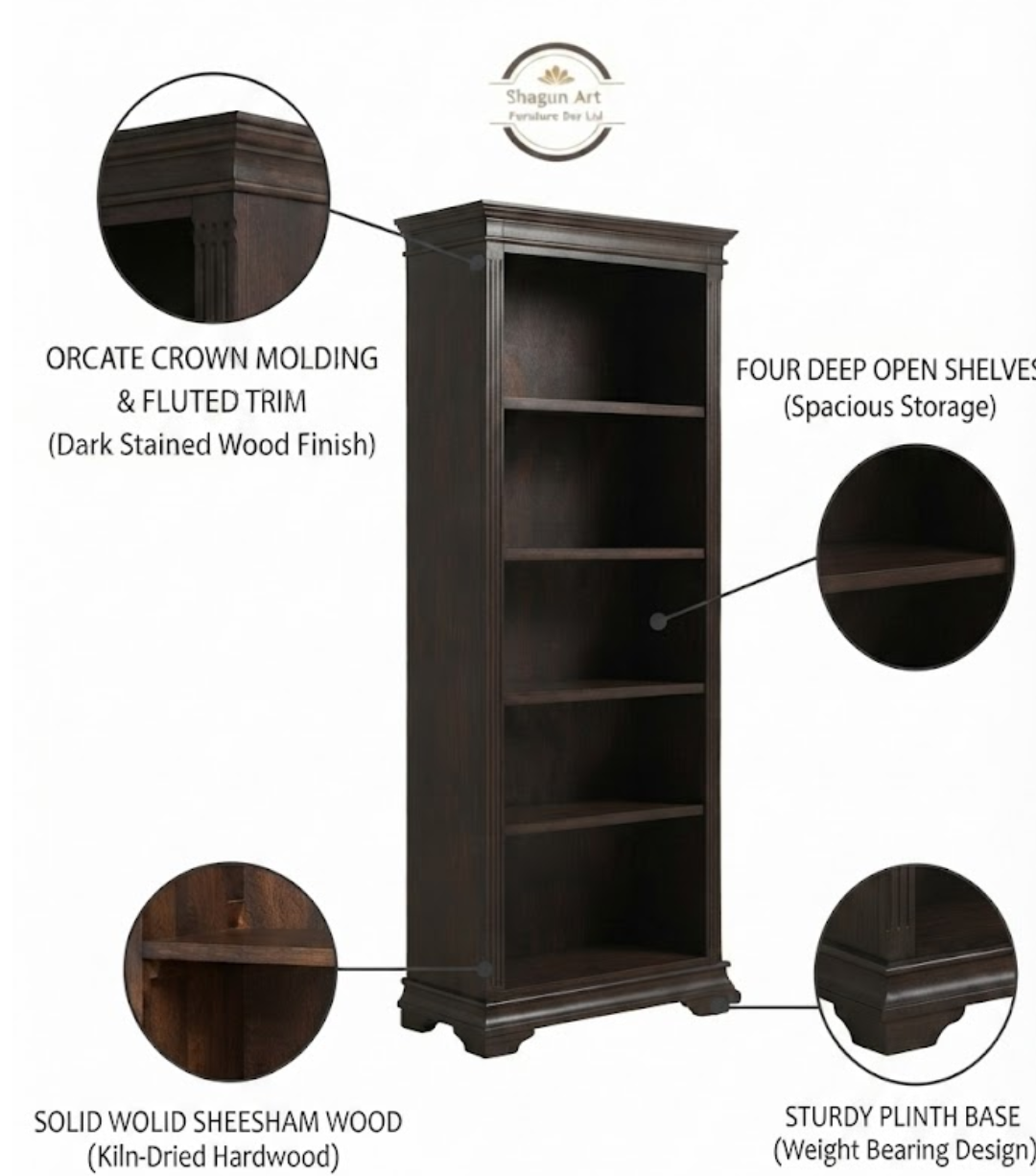 Coleman Solid Sheesham Wood Bookshelf with 4 Open Shelves and 2 Bottom Drawers In Honey Oak Finish