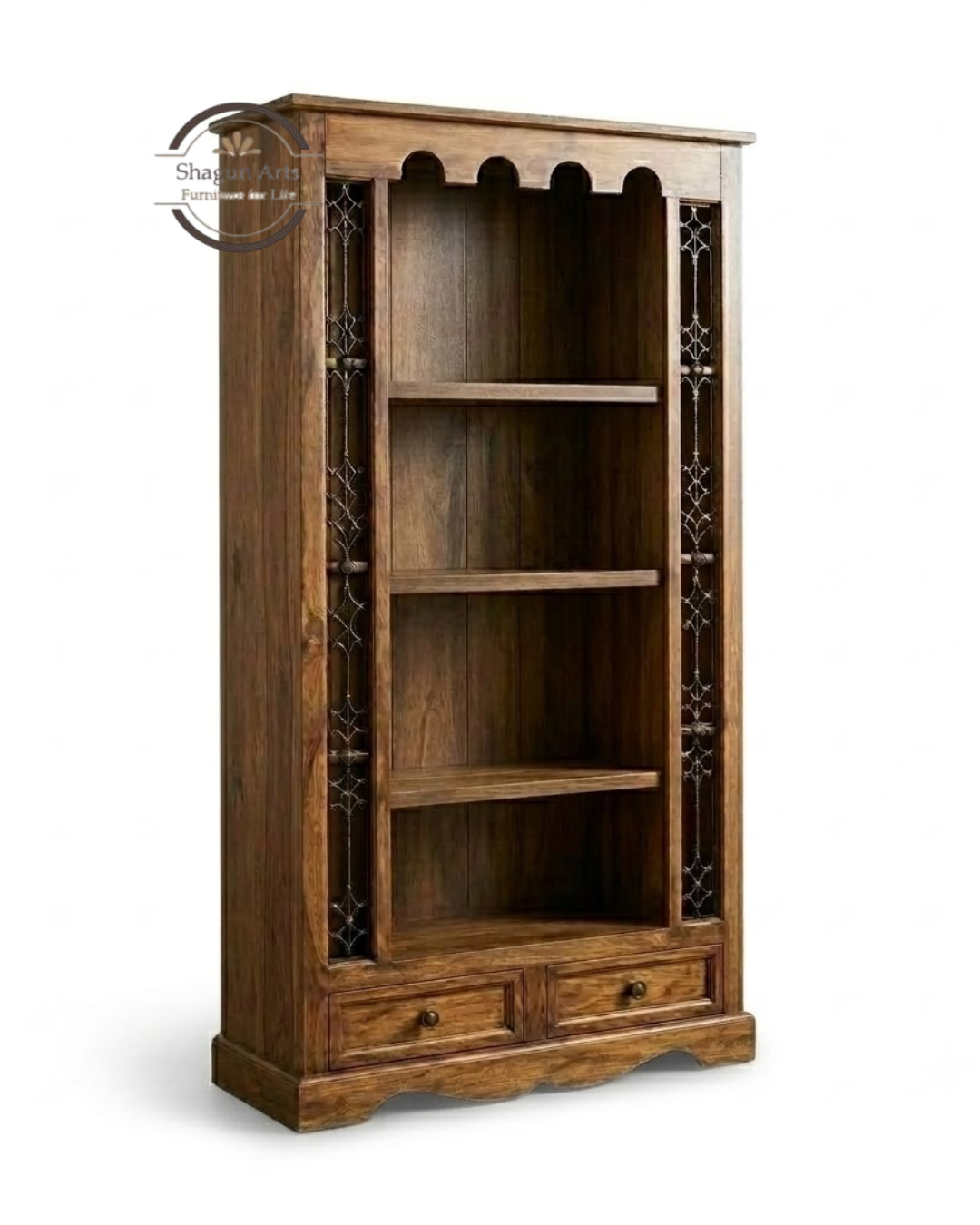 Malava Solid Sheesham Wood Bookshelf with 4 Open Shelves and 2 Drawers In Natural Brown Finish