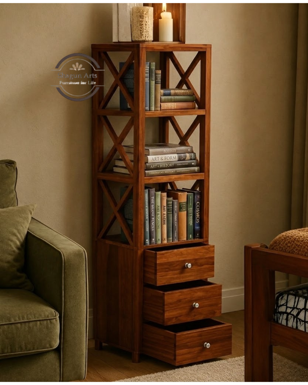 Hestia Solid Sheesham Wood Open Display Rack And Drawers