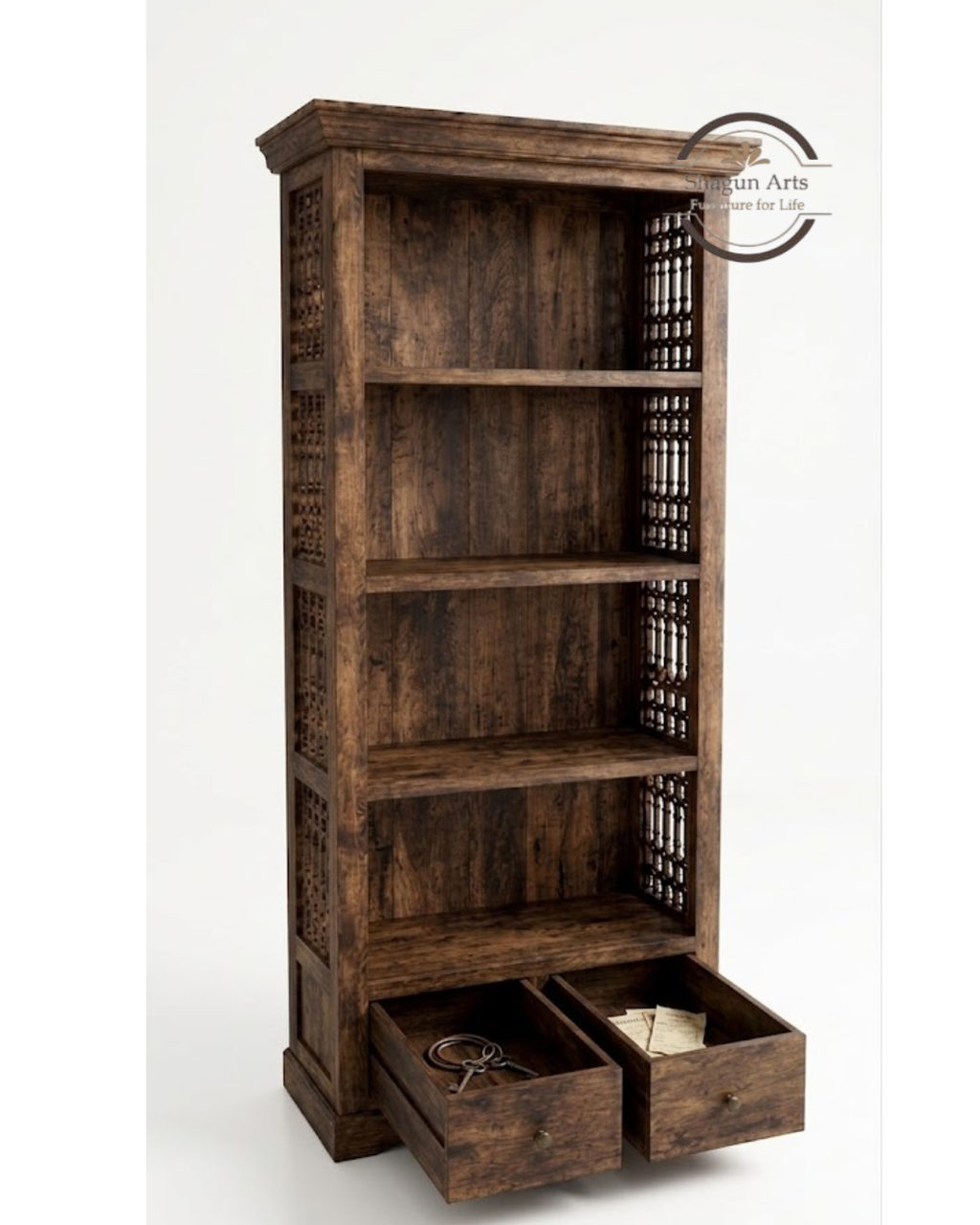 Emerson Solid Wood Bookshelf with 4 Open Shelves and 2 Bottom Drawers In Provencial Teak Finish