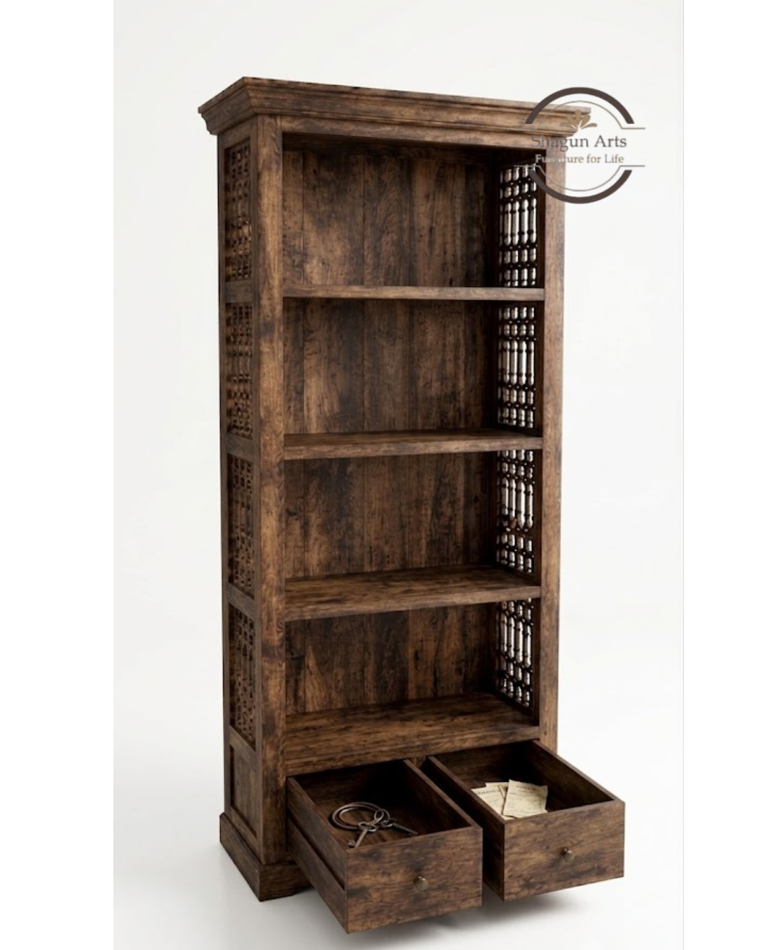 Emerson Solid Wood Bookshelf with 4 Open Shelves and 2 Bottom Drawers In Provencial Teak Finish