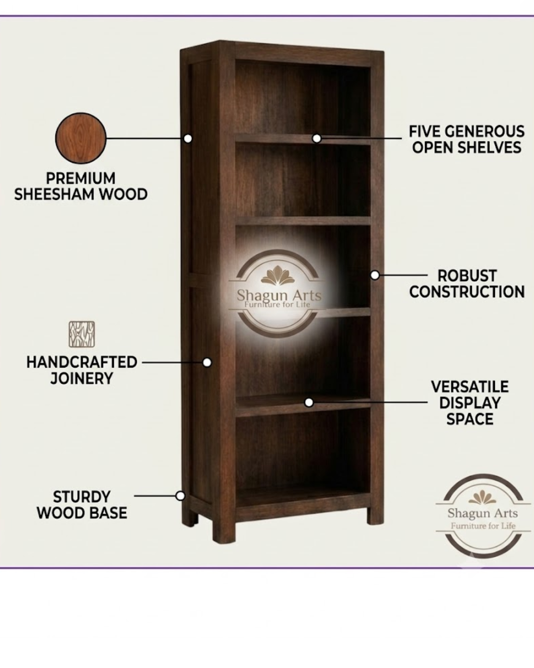 Emerson Solid Sheesham Wood 5-Tier Open Book Shelf In Honey Oak Finish