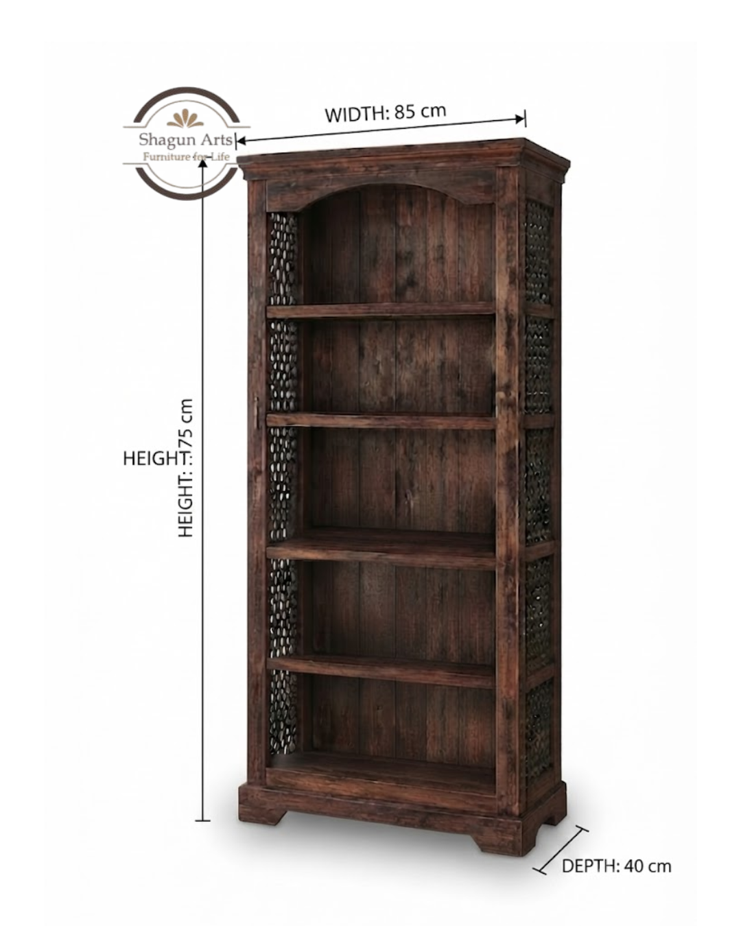 Stanfield Solid Sheesham Wood 5-Shelf Bookshelf with Decorative Sides In Honey Oak Finish
