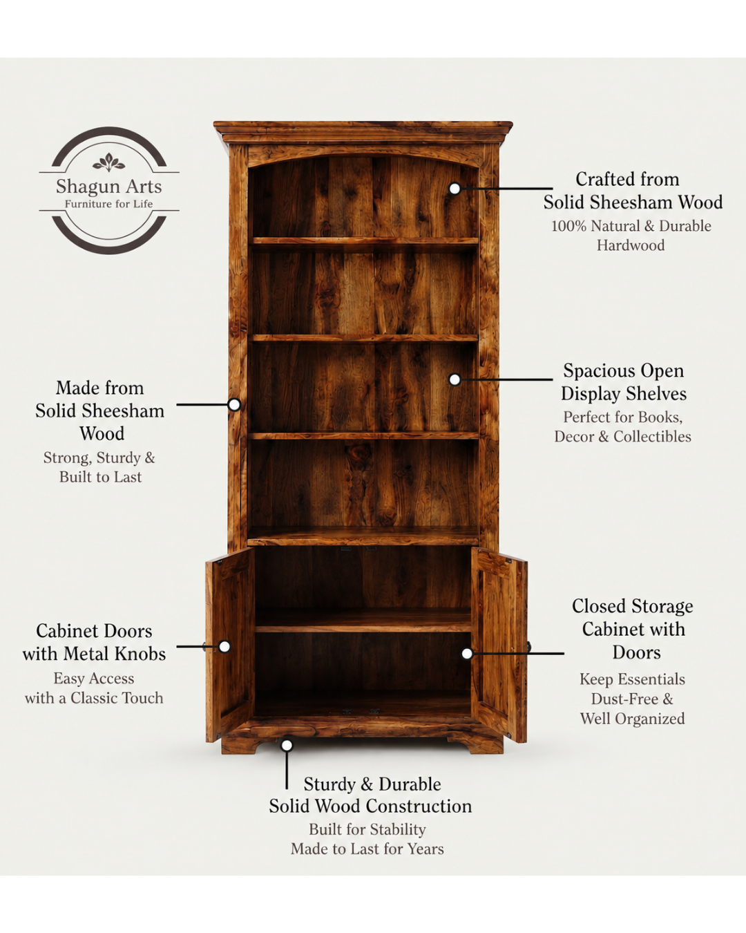 Essex Sheesham Wood Bookshelf with Cabinet Book Shelf