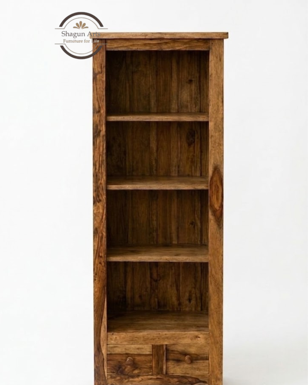 Oriel Solid Sheesham Wood 4-Shelf Bookshelf with Drawers In Natural Finish