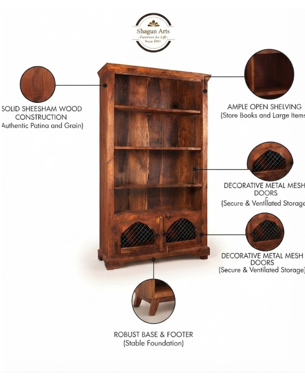 Essex Solid Sheesham Wood  Bookshelf with 2 Mesh-Door Cabinets In Honey Oak Finish