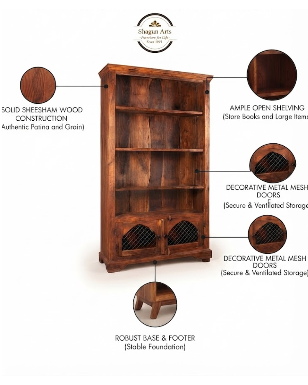 Essex Solid Sheesham Wood  Bookshelf with 2 Mesh-Door Cabinets In Honey Oak Finish