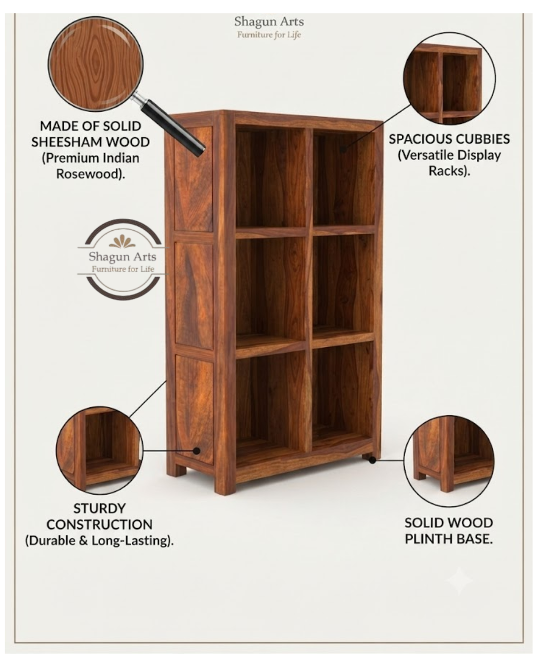 Hayao 6 Cube Solid Sheesham Book Shelf In Natural Brown Finish