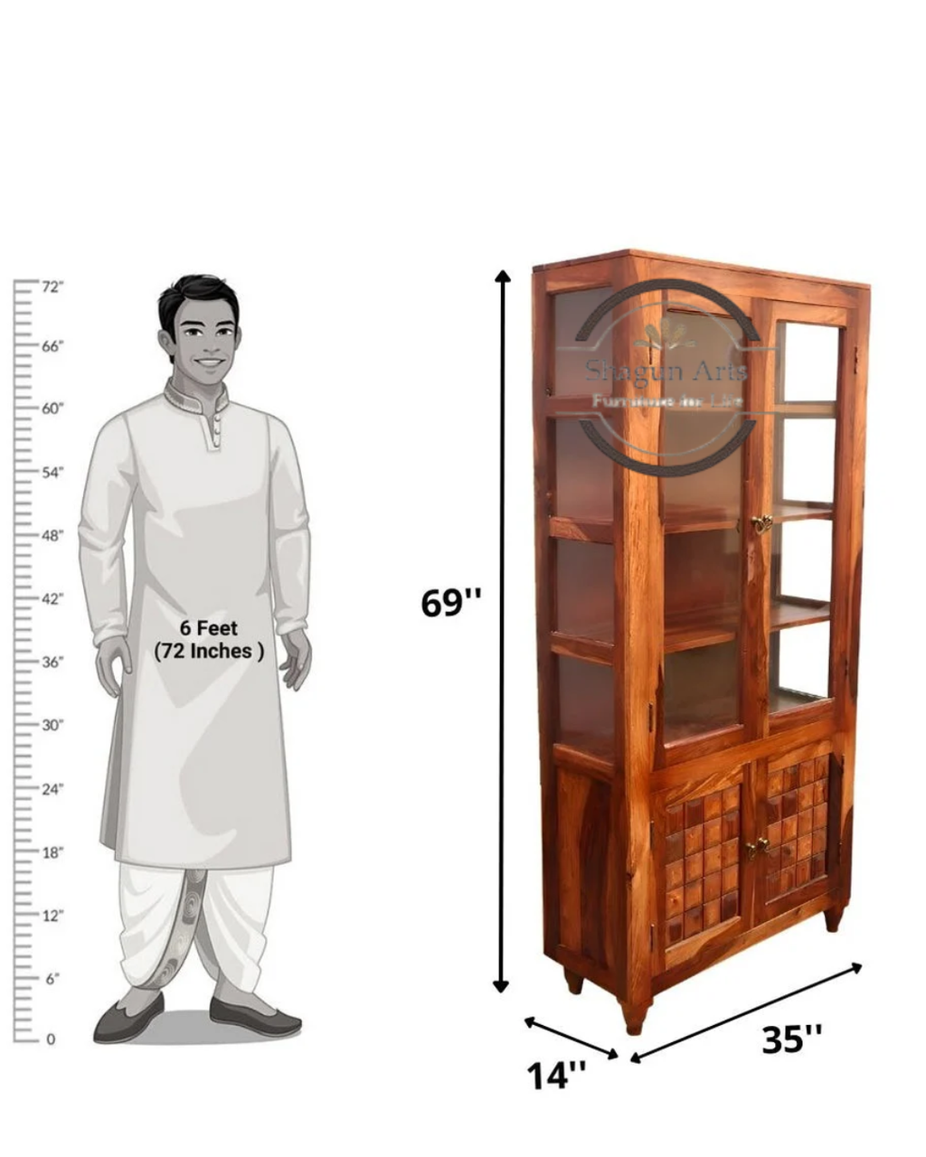 Nyla Solid Sheesham Wood Glass Door Display Cabinet with Storage