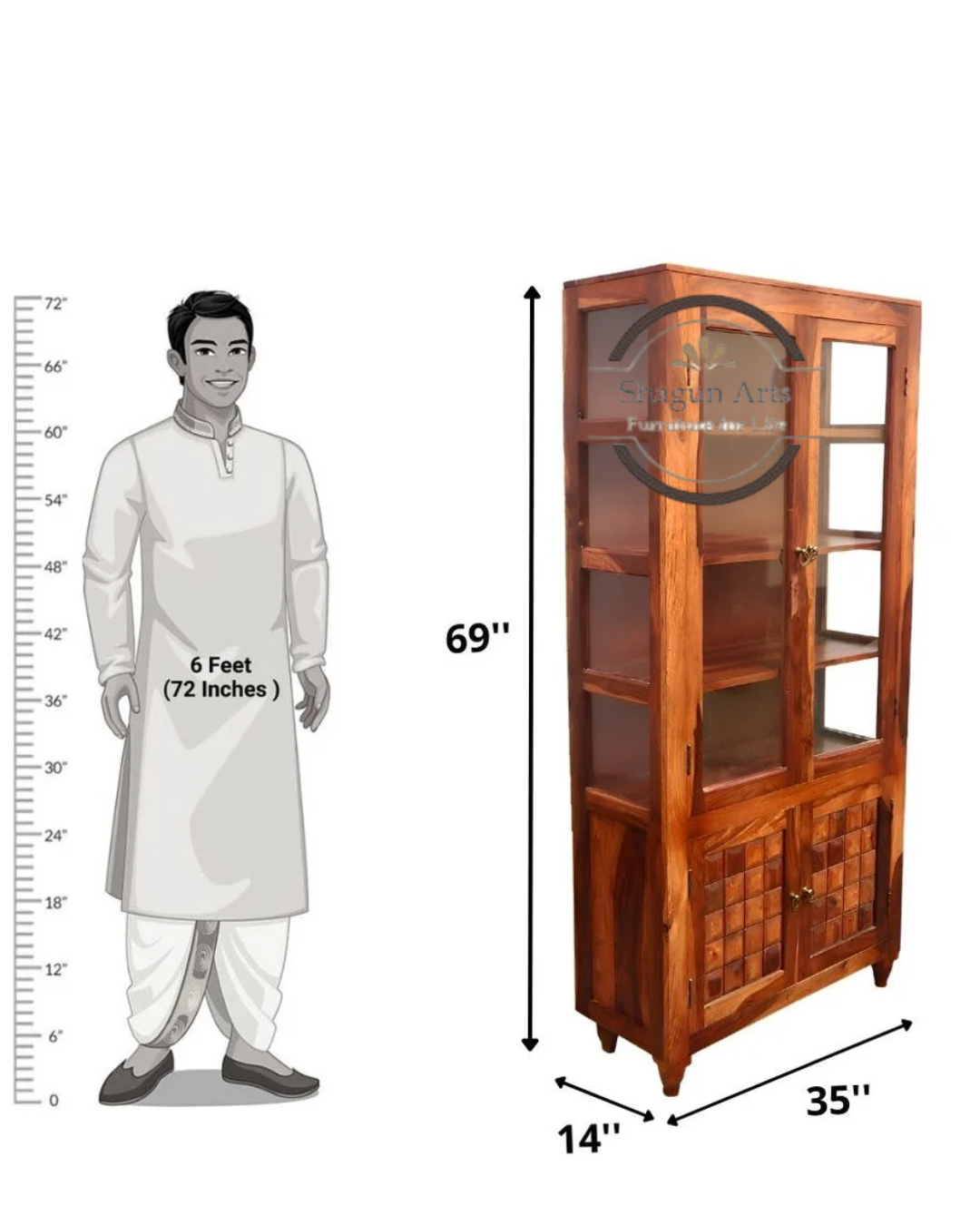 Nyla Solid Sheesham Wood Glass Door Display Cabinet with Storage