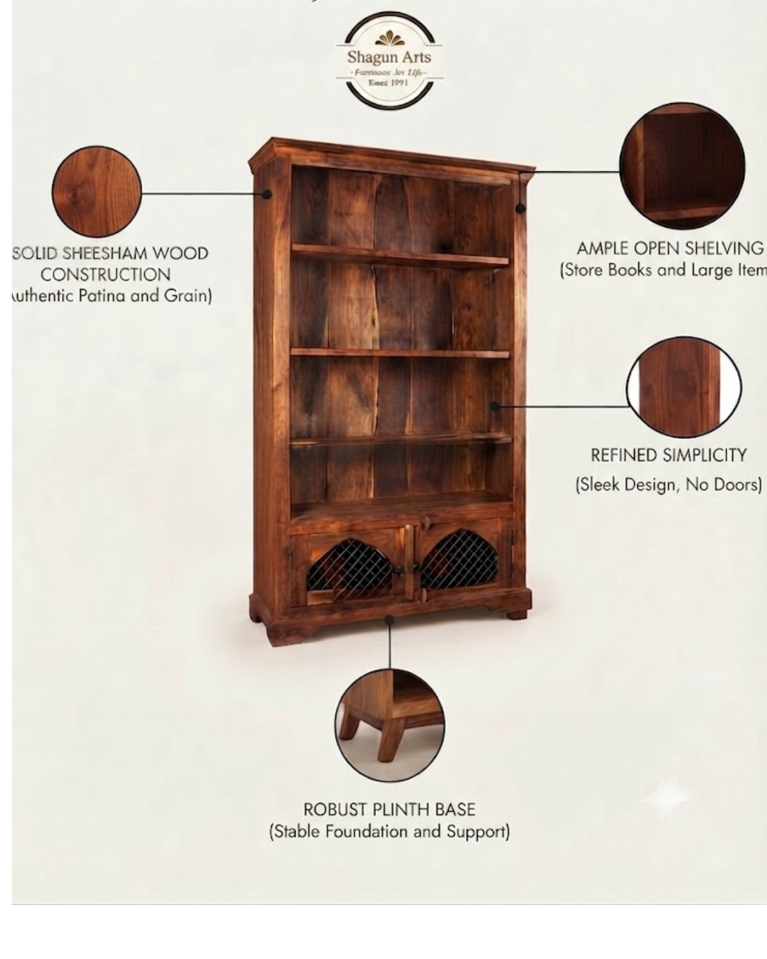 Enkel Solid Sheesham Wood Book Shelf In Rustic Dark Teak Finish