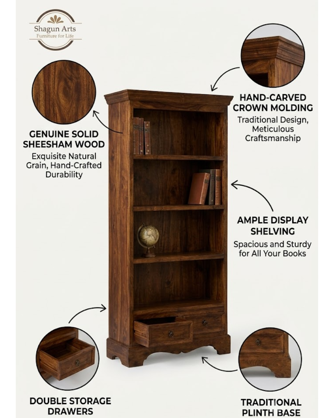 Morse Solid Sheesham Wood 2-Door Book Case in Provincial Teak Finish