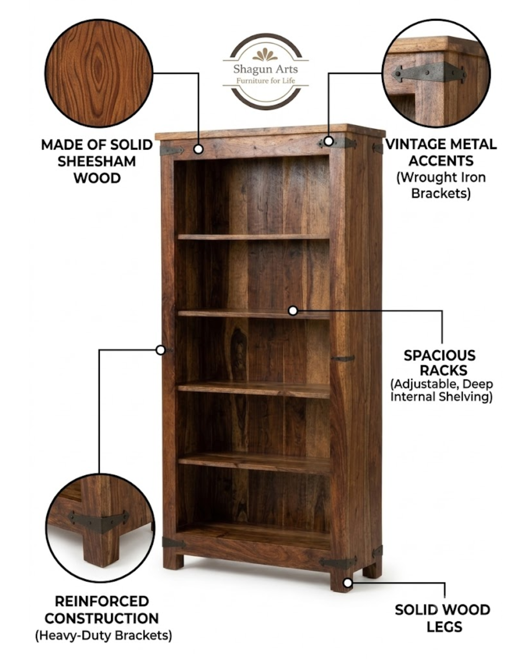 Siramika Solid Sheesham Wood Book Shelf in Honey Oak Finish