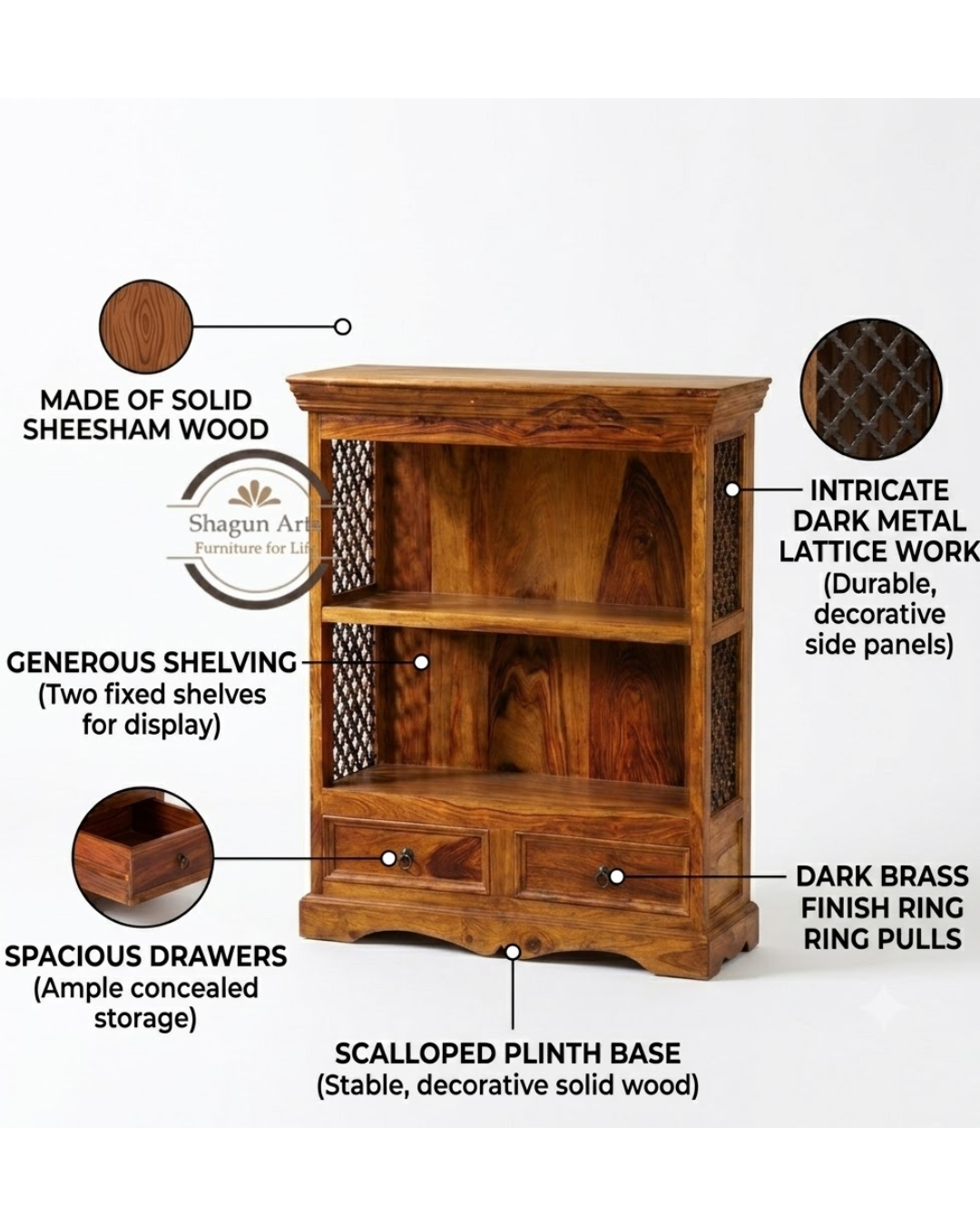 Gower Solid Sheesham Wood 2-Shelf Bookshelf with Drawers