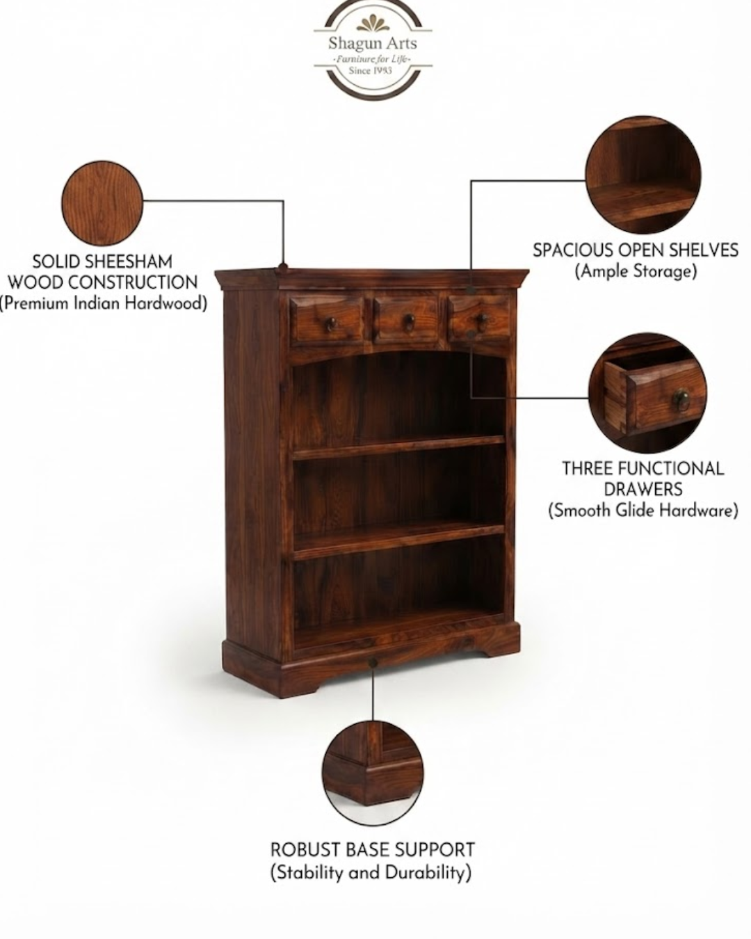 Gower Solid Sheesham Wood Bookshelf with 3 Drawers Book Shelf In Natural Brown Finish