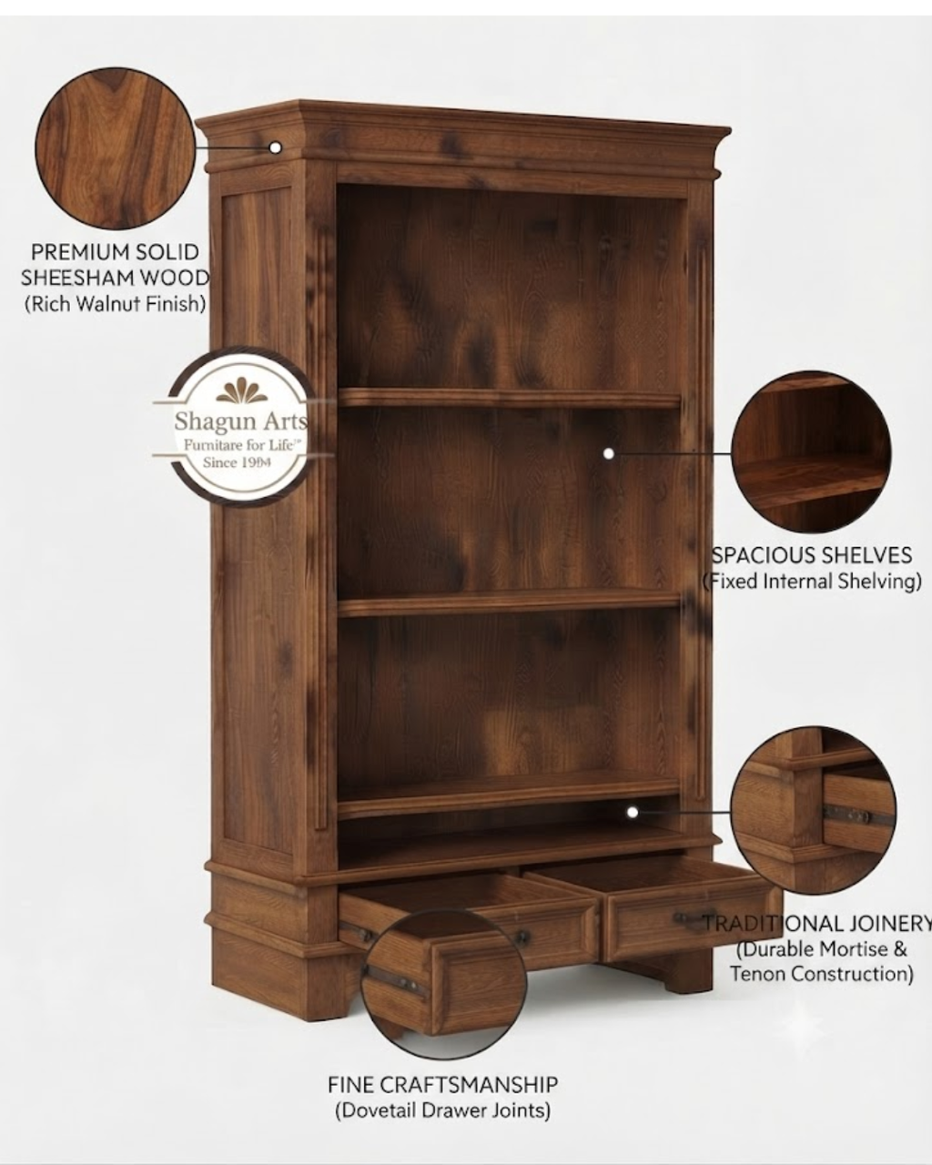 Hagborg Solid Sheesham Wood Book Shelf With 2 Drawers In Natural Brown Finish