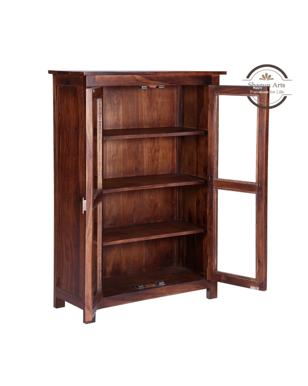 Pietro Tiffany Display Shelf Sheesham Wood 2-Door Display Cabinet in Honey Oak Finish