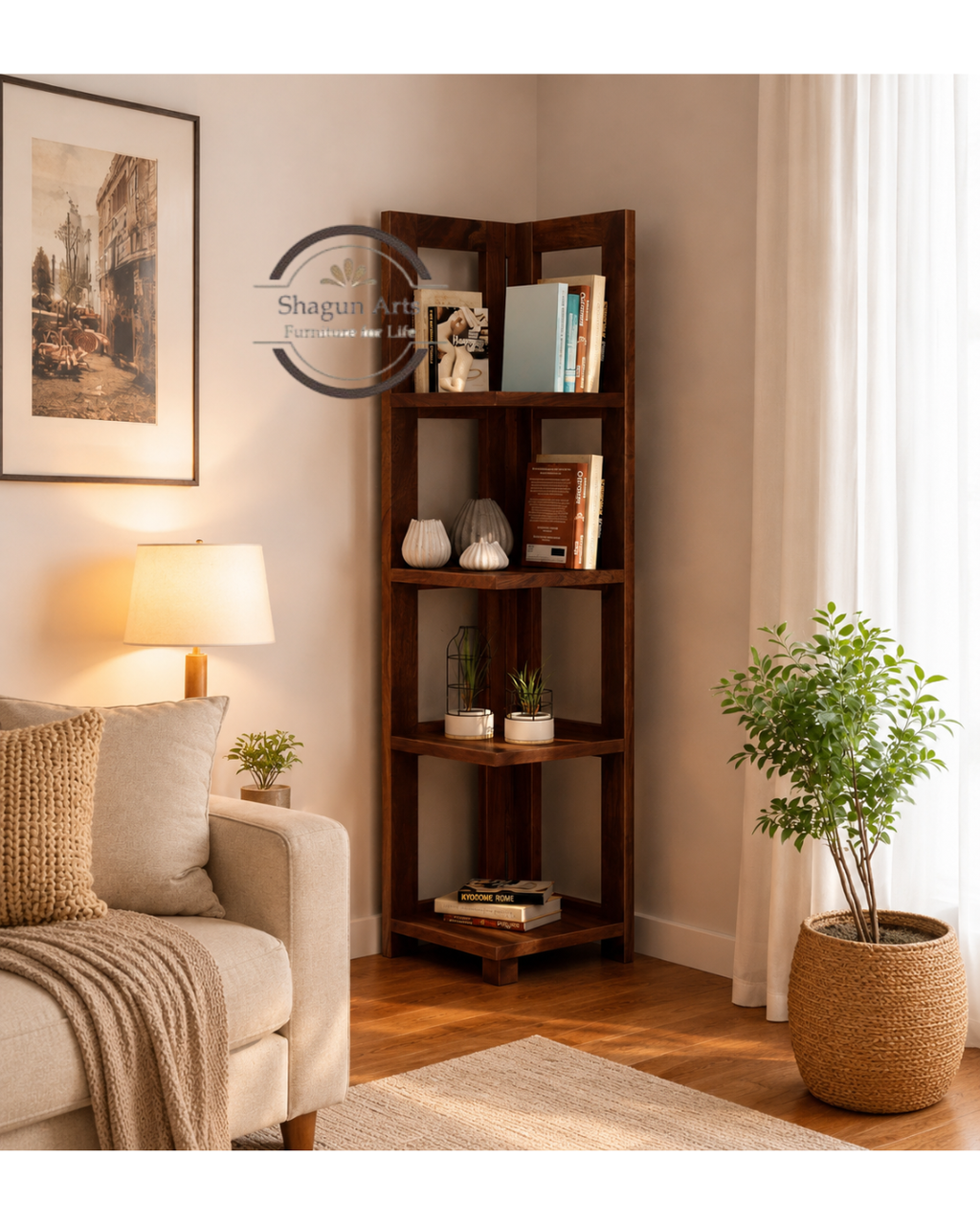 Severino Solid Sheesham Wood Corner Bookshelf in Honey Oak Finish