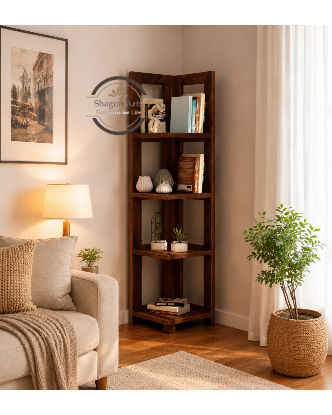 Severino Solid Sheesham Wood Corner Bookshelf in Honey Oak Finish