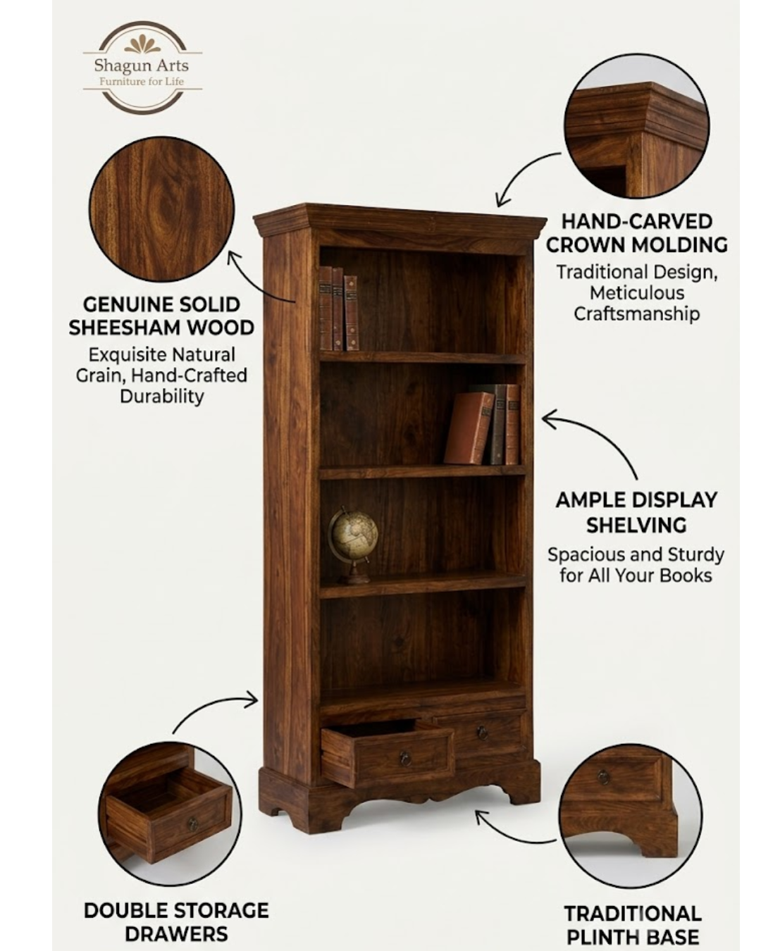 Abbey Solid Sheesham Wood 4-Shelf Bookshelf with Drawers