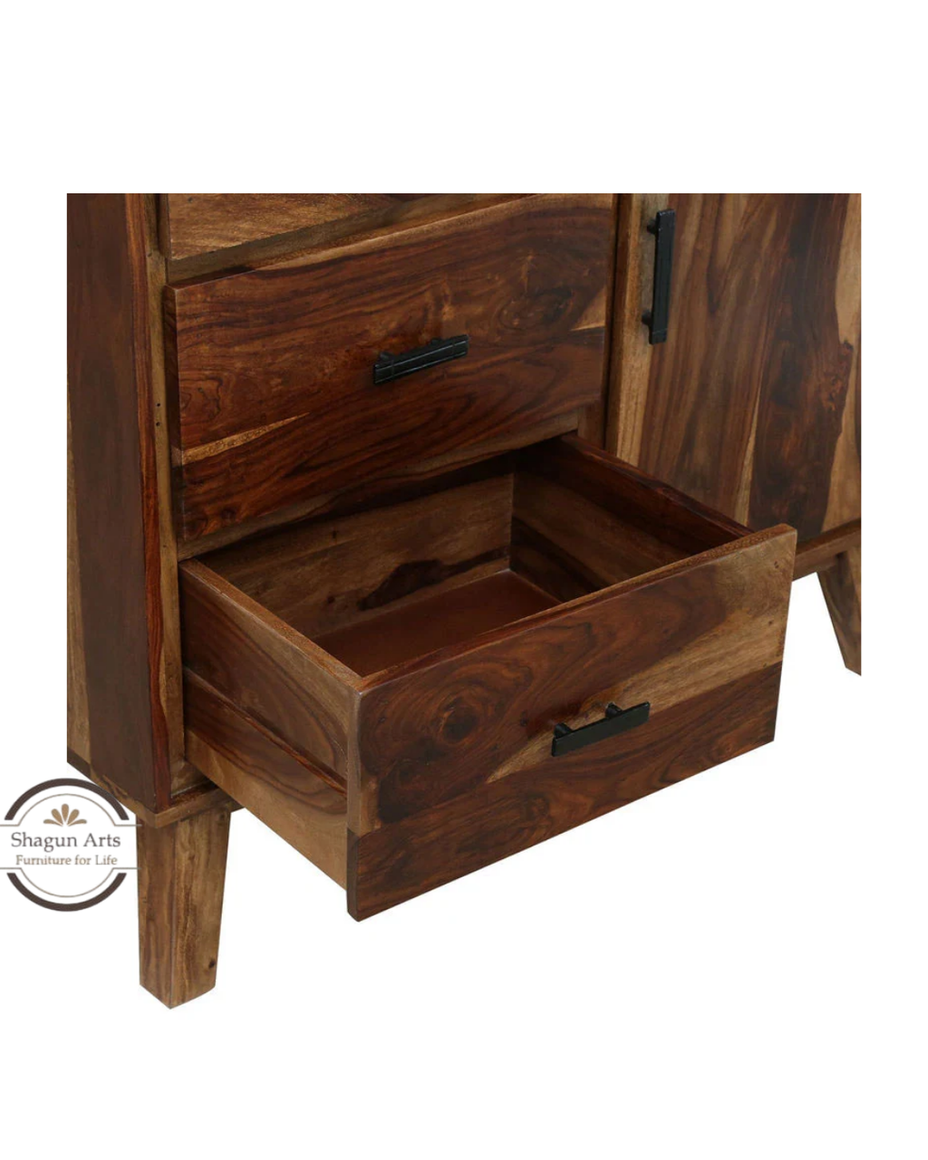 Portus Solid Sheesham Wood Multi-Storage Cabinet with Shelves, Drawers & Door In Rustic Teak Finish