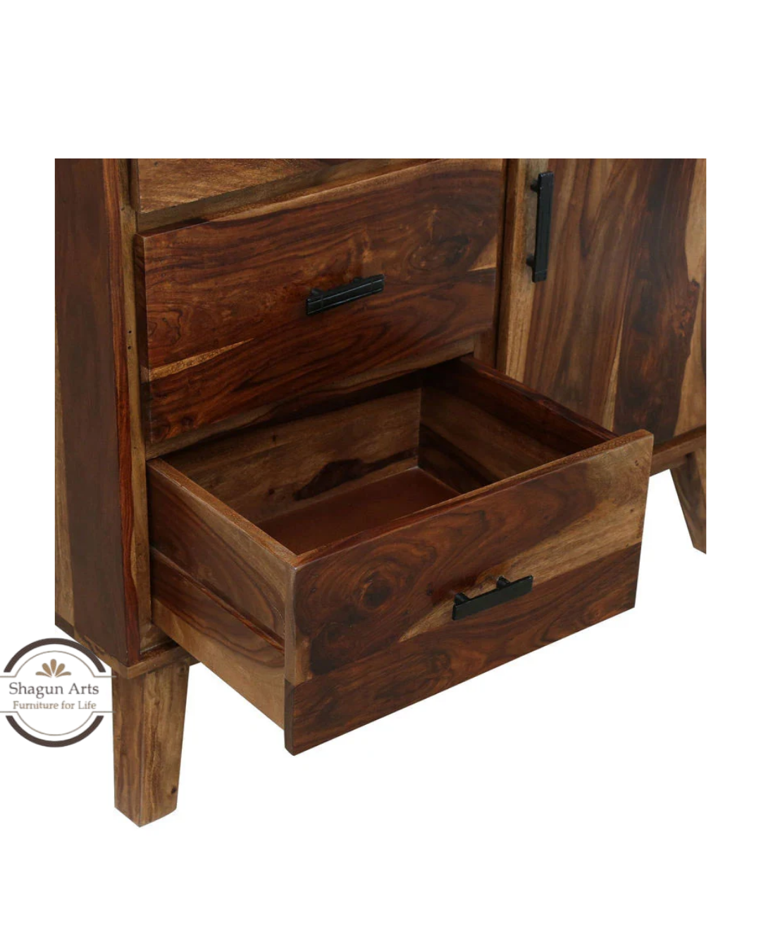 Portus Solid Sheesham Wood Multi-Storage Cabinet with Shelves, Drawers & Door In Rustic Teak Finish