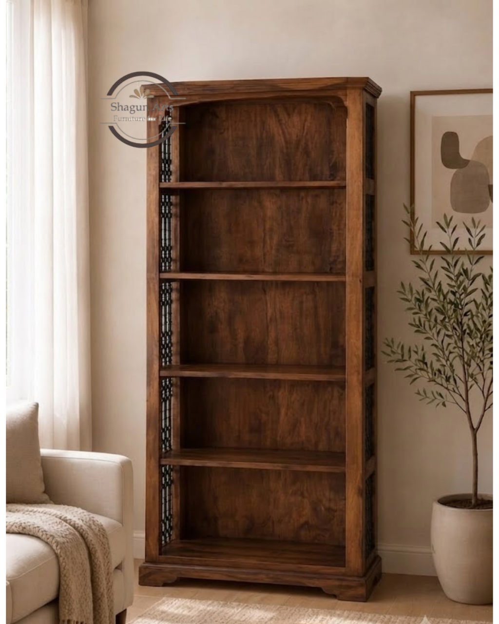 Alvin Solid Sheesham 5-Shelf Bookshelf with Decorative Side Panels In Honey Oak Finish
