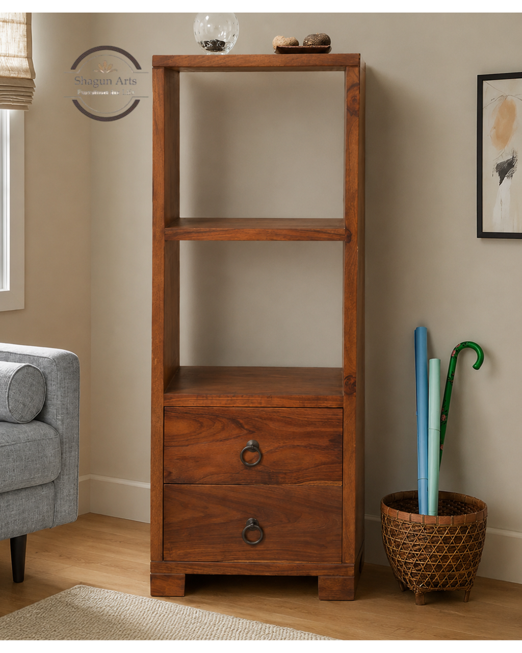 Megumi Solid Sheesham Wood Storage Cabinet with Open Shelves & 2 Drawers In Provencial Teak Finish