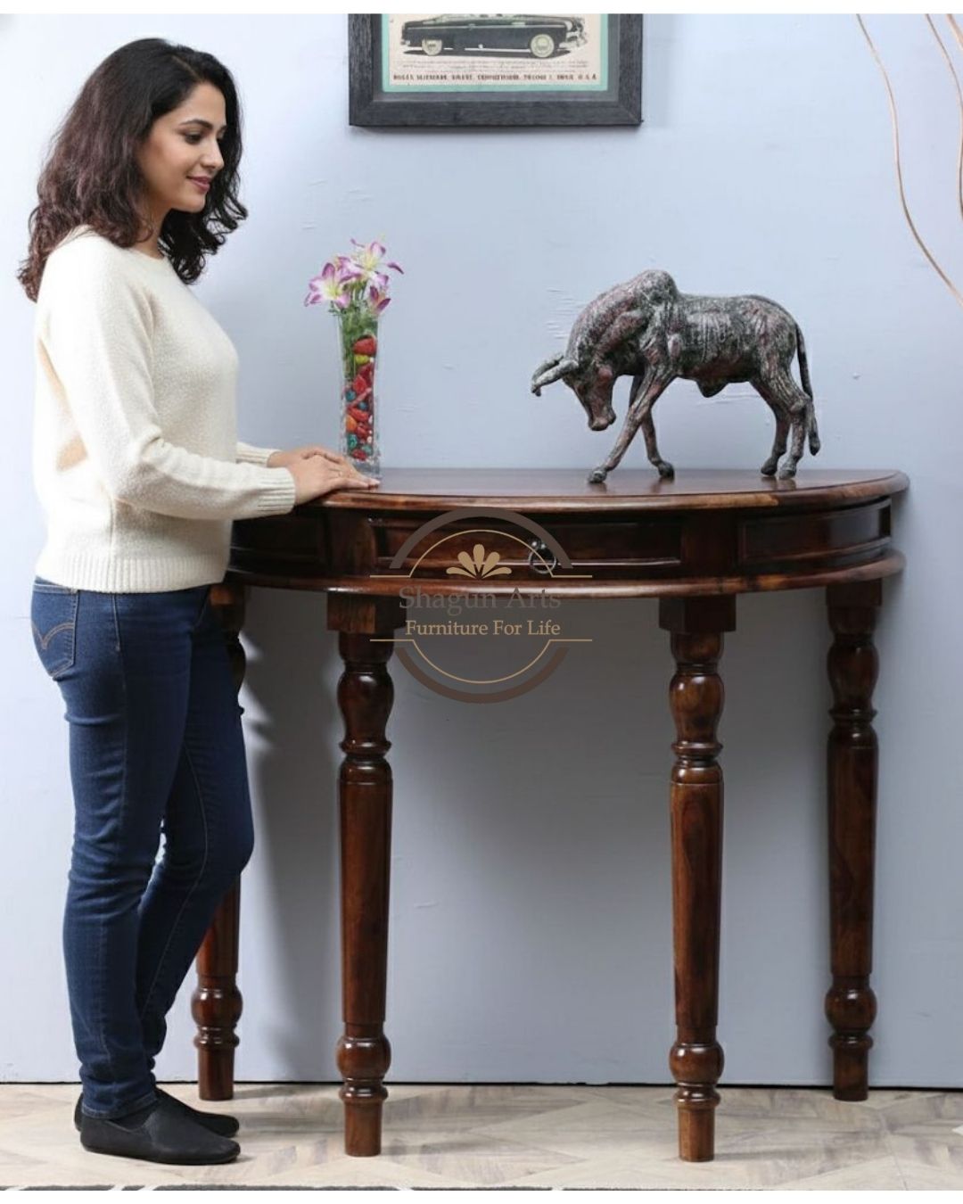 Wooden Half Round Console Table for Living Room