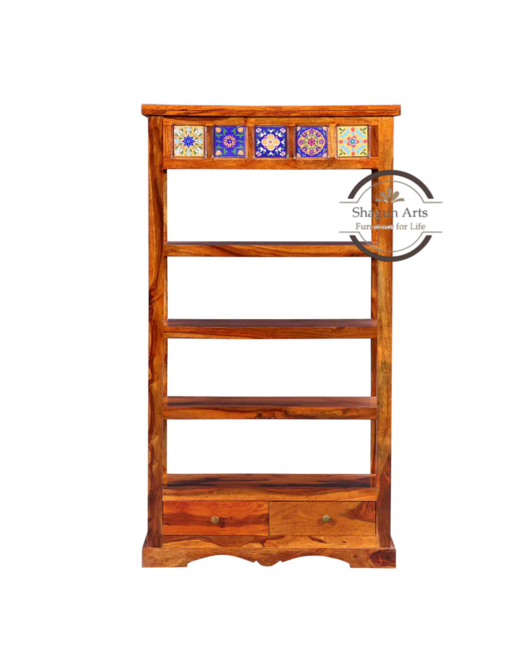 Lacey Solid Sheesham Wood Bookshelf with Decorative Tile Accent in Honey Oak Finish