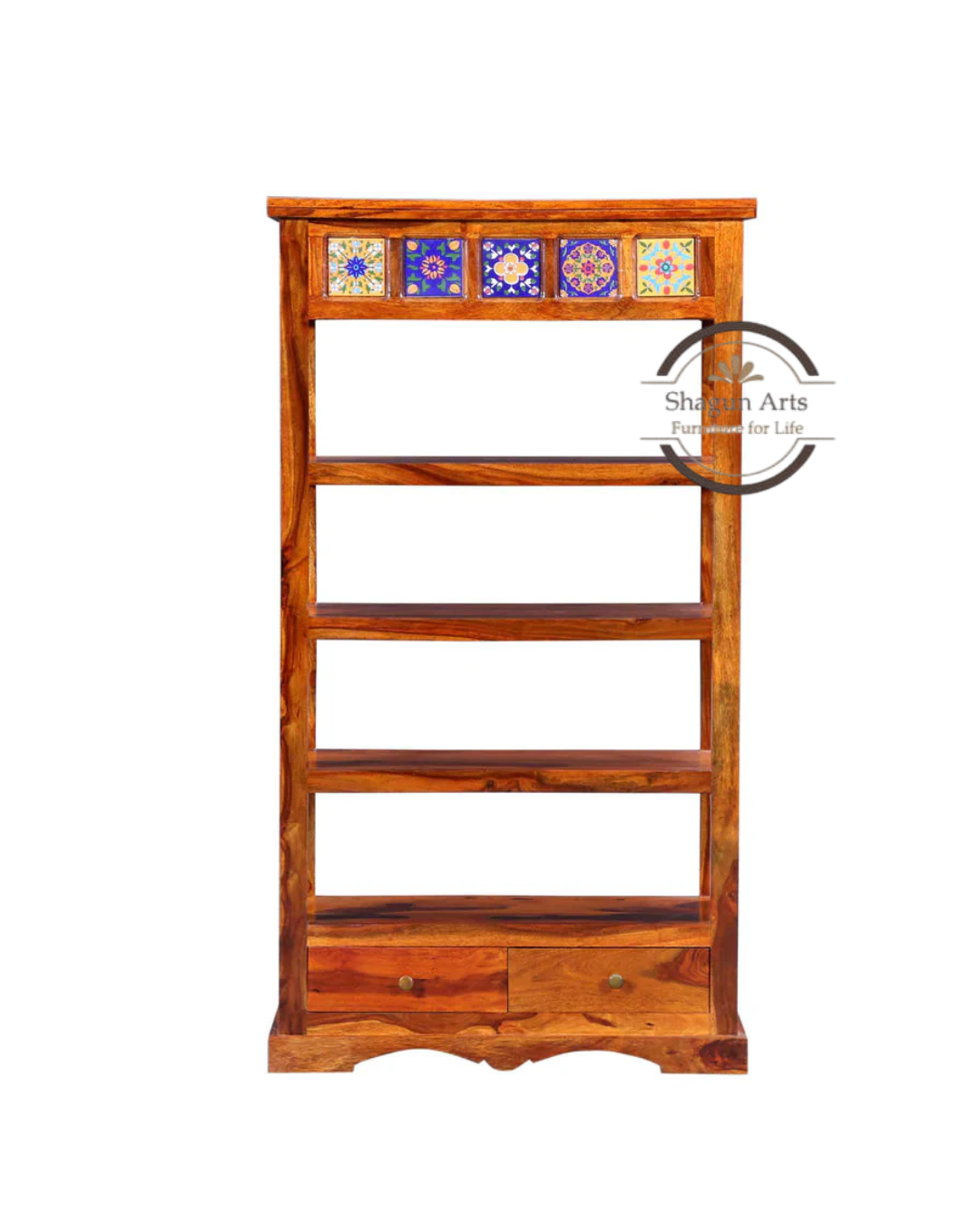 Lacey Solid Sheesham Wood Bookshelf with Decorative Tile Accent in Honey Oak Finish