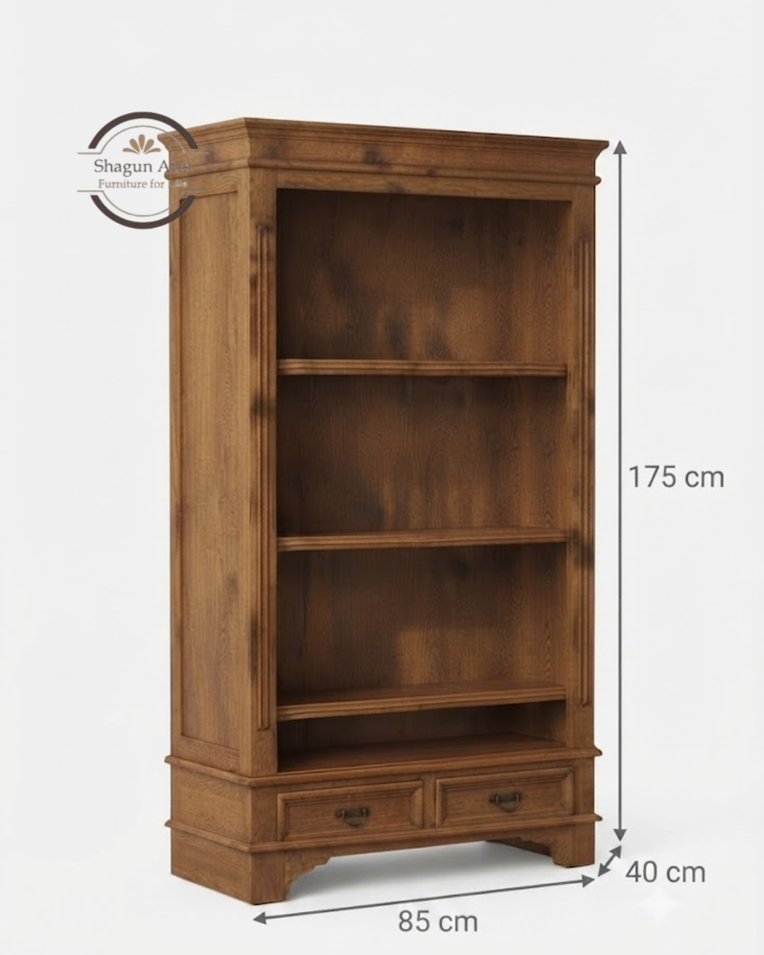 Hagborg Solid Sheesham Wood Book Shelf With 2 Drawers In Natural Brown Finish