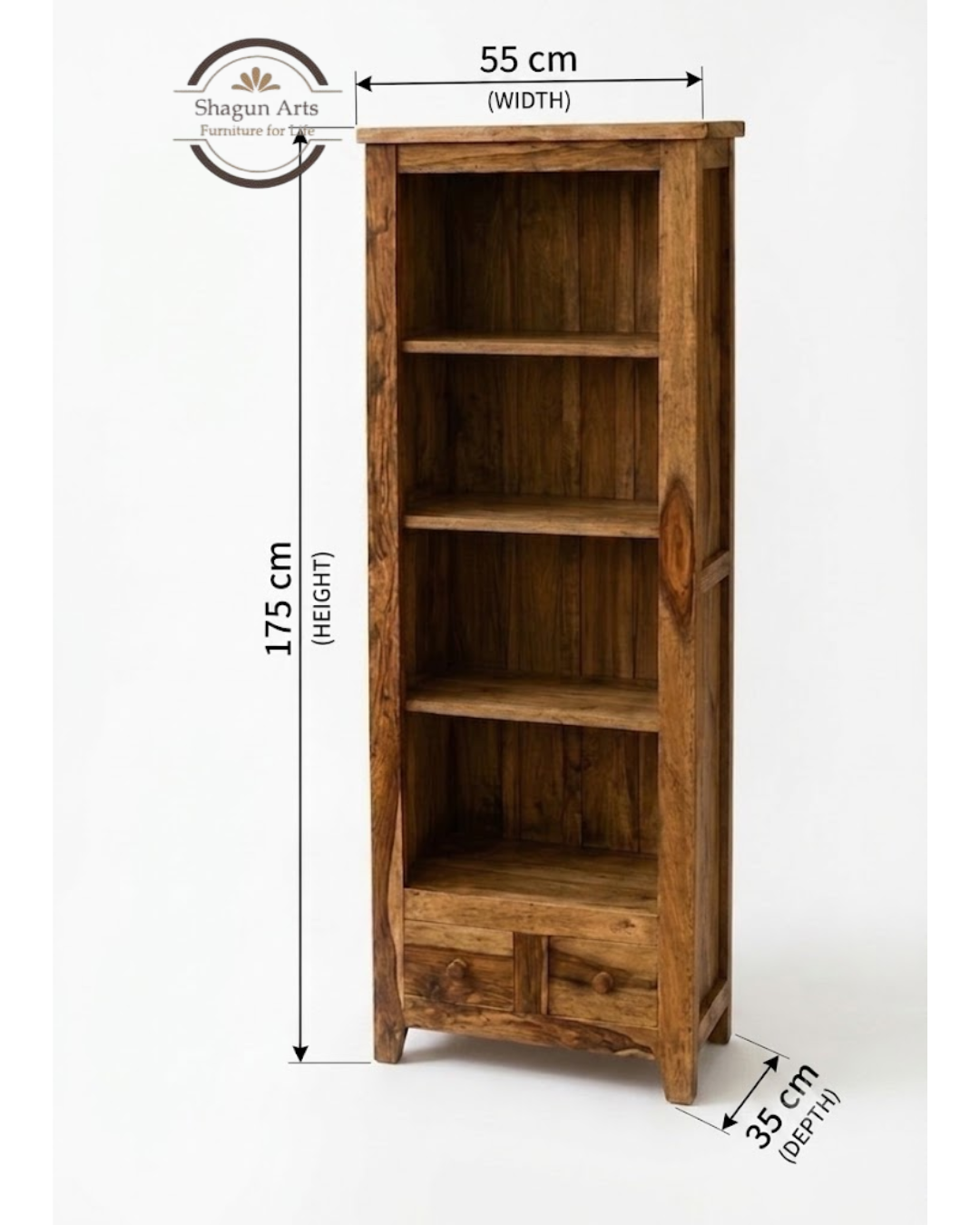 Oriel Solid Sheesham Wood 4-Shelf Bookshelf with Drawers In Natural Finish