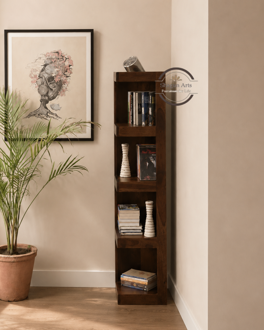 Anderson Solid Sheesham Wood 4-Tier Corner Bookshelf in Provincial Teak Finish