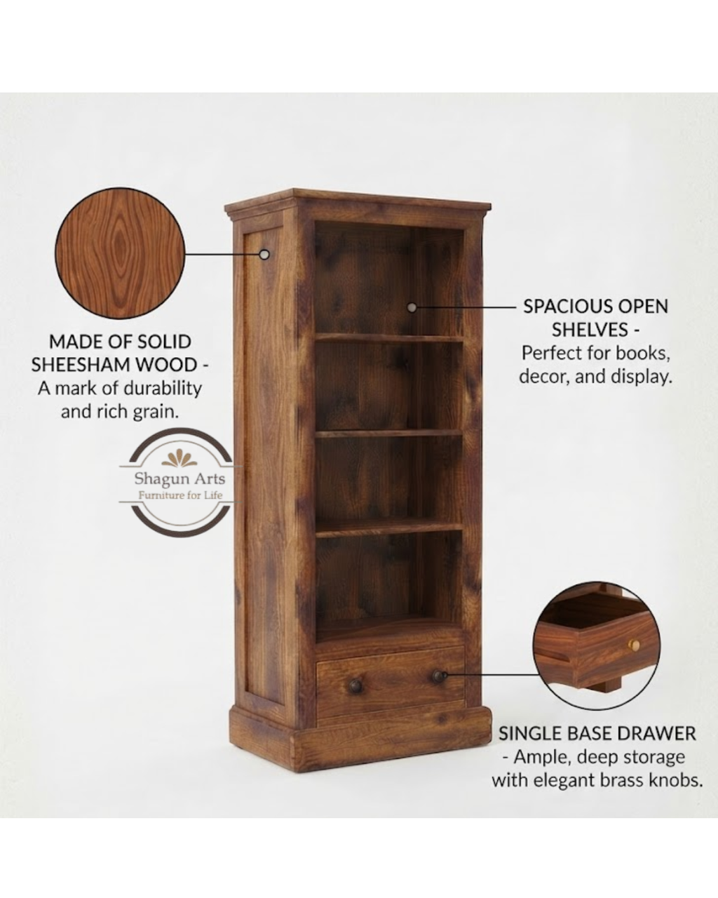 Segur Solid Sheesham Wood Bookshelf with Drawers In Natural Brown Finish