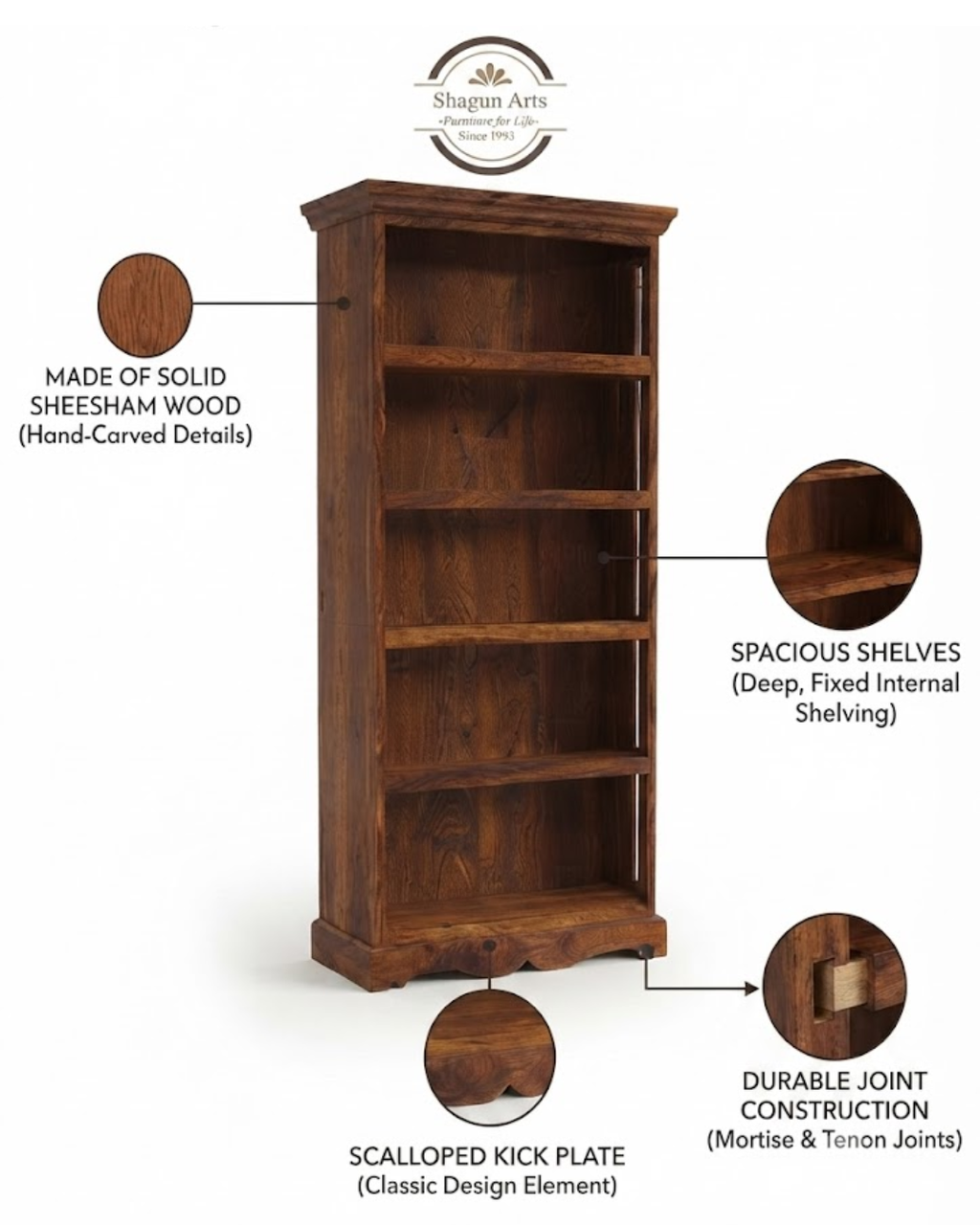 Stanfield Solid Sheesham Wood 5-Shelf Bookshelf with Decorative Sides In Honey Oak Finish