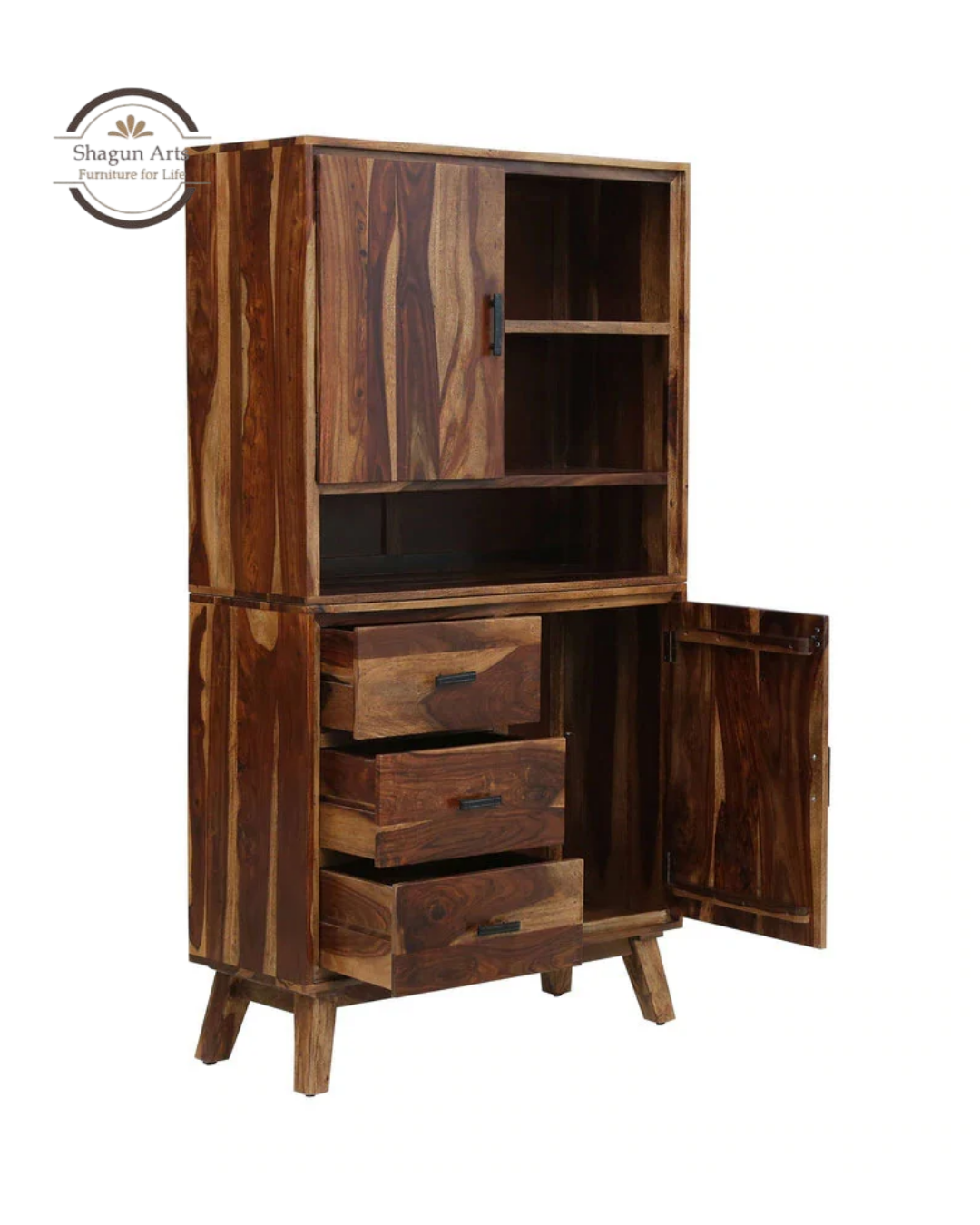 Portus Solid Sheesham Wood Multi-Storage Cabinet with Shelves, Drawers & Door In Rustic Teak Finish