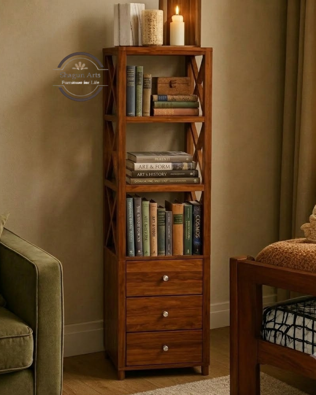 Hestia Solid Sheesham Wood Open Display Rack And Drawers
