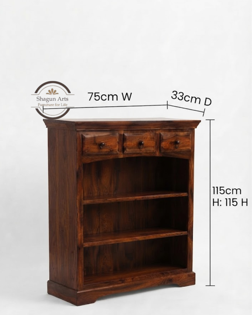 Gower Solid Sheesham Wood Bookshelf with 3 Drawers Book Shelf In Natural Brown Finish