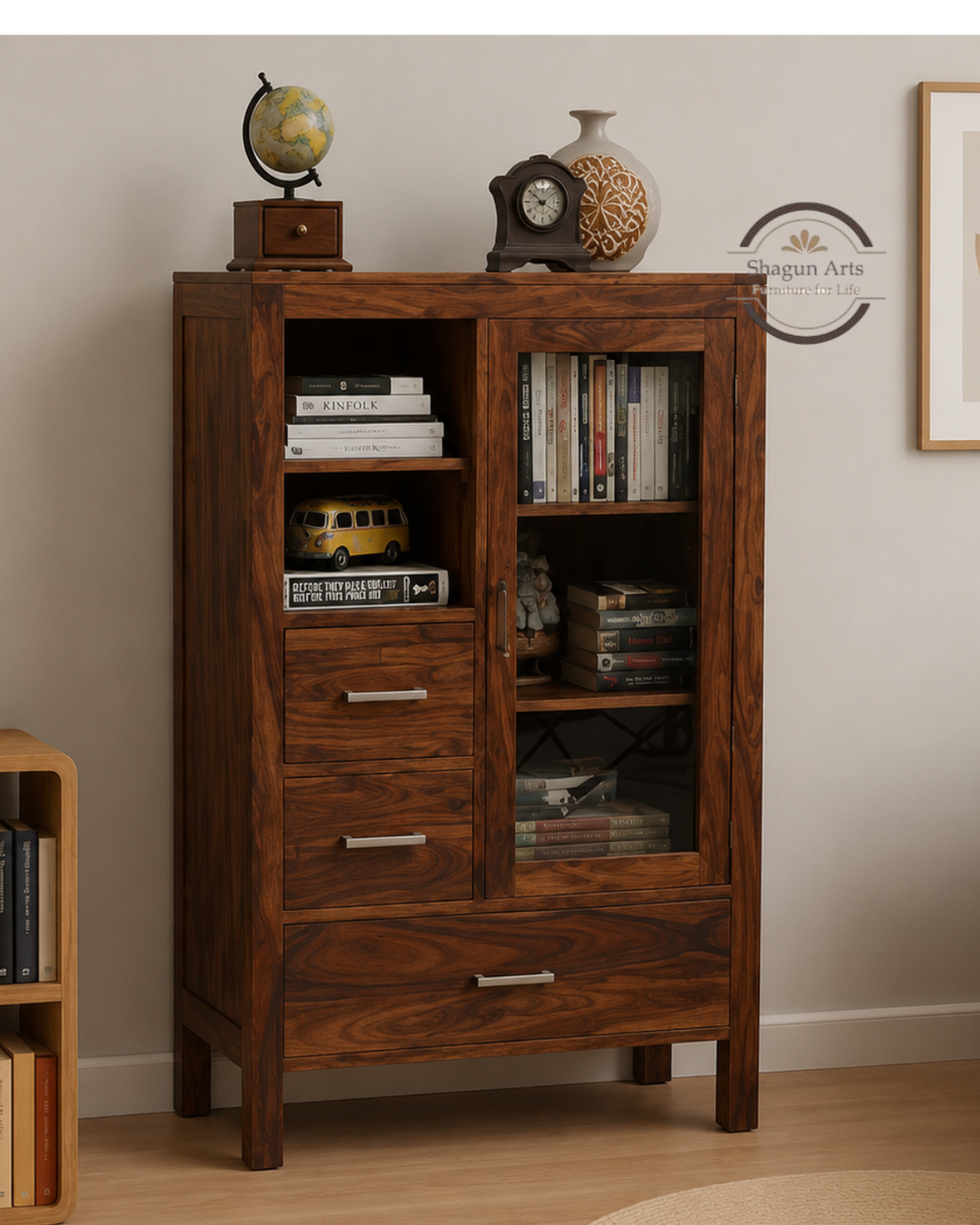 Theo Solid Sheesham Wood Multi-Storage Bookshelf Carnegie Cabinet