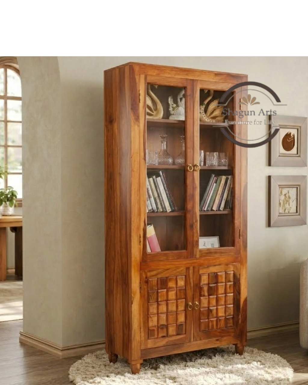 Nyla Solid Sheesham Wood Glass Door Display Cabinet with Storage