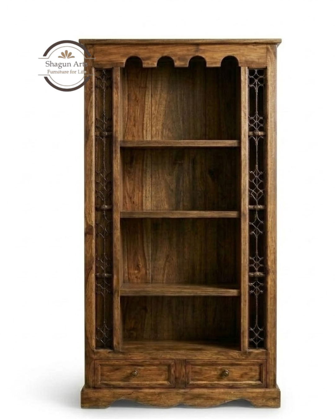 Malava Solid Sheesham Wood Bookshelf with 4 Open Shelves and 2 Drawers In Natural Brown Finish