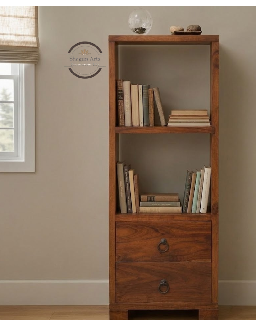 Megumi Solid Sheesham Wood Storage Cabinet with Open Shelves & 2 Drawers In Provencial Teak Finish
